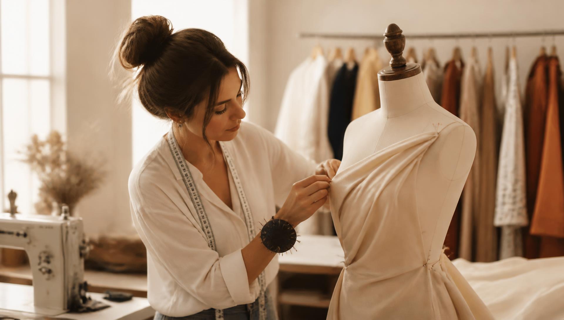 Expert tailor fitting a garment on a dress form in a bright studio